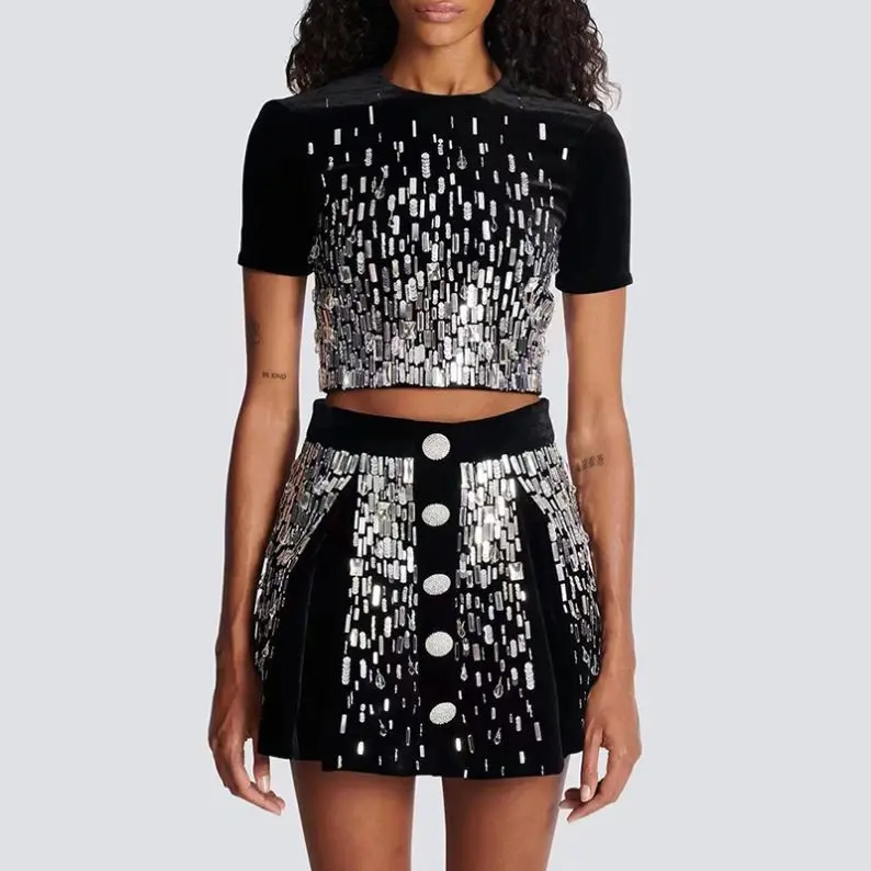 2024 autumn and winter New French fashion heavy industry beads gold velvet short top + mid-length dress set two-piece set