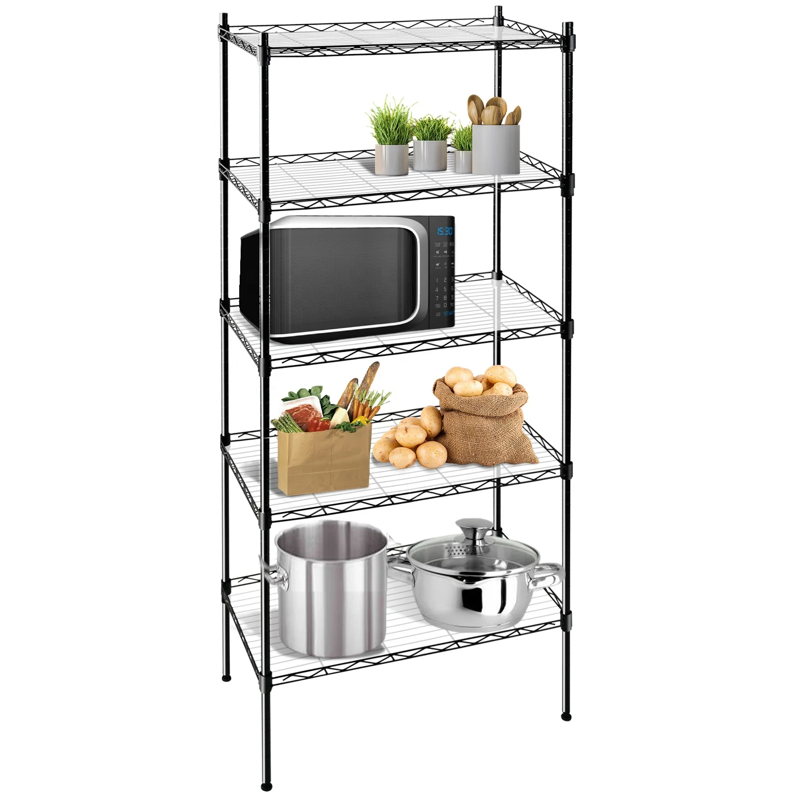 1.5m Height High Quality Light Weight 5 Wire Shelving 5 Tier Kitchen Warehouse Metal Stacking Shelving Rack