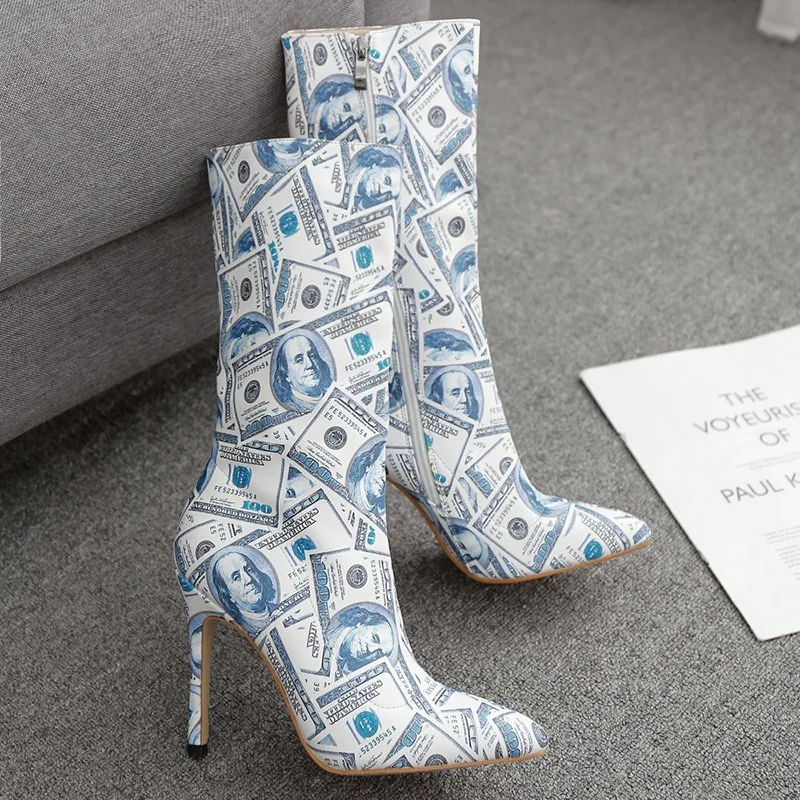 Ботильоны женские на высоком каблуке пикантные модные полусапожки молнии сбоку с принтом денежных купюр заостренный носок осень/зиму