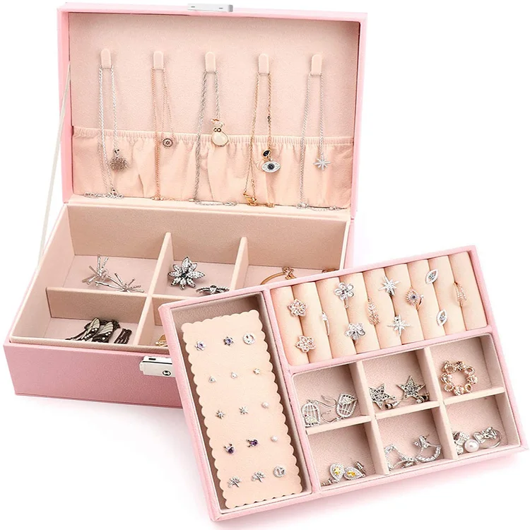 
Custom logo leather white pink jewelry box with many compartments lock and double layer travel jewelry case 