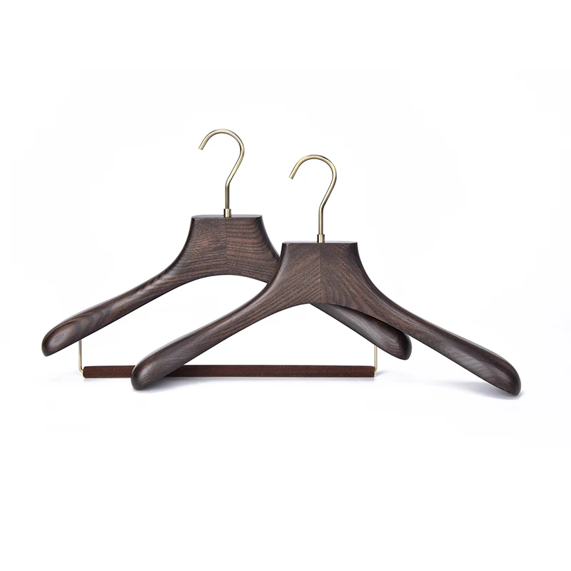 Luxury Customized LOGO Matt Walnut Color Ash Wood Grain Suit Hangers With Velvet Covered Pants Bar And Brushed Bronze Hook