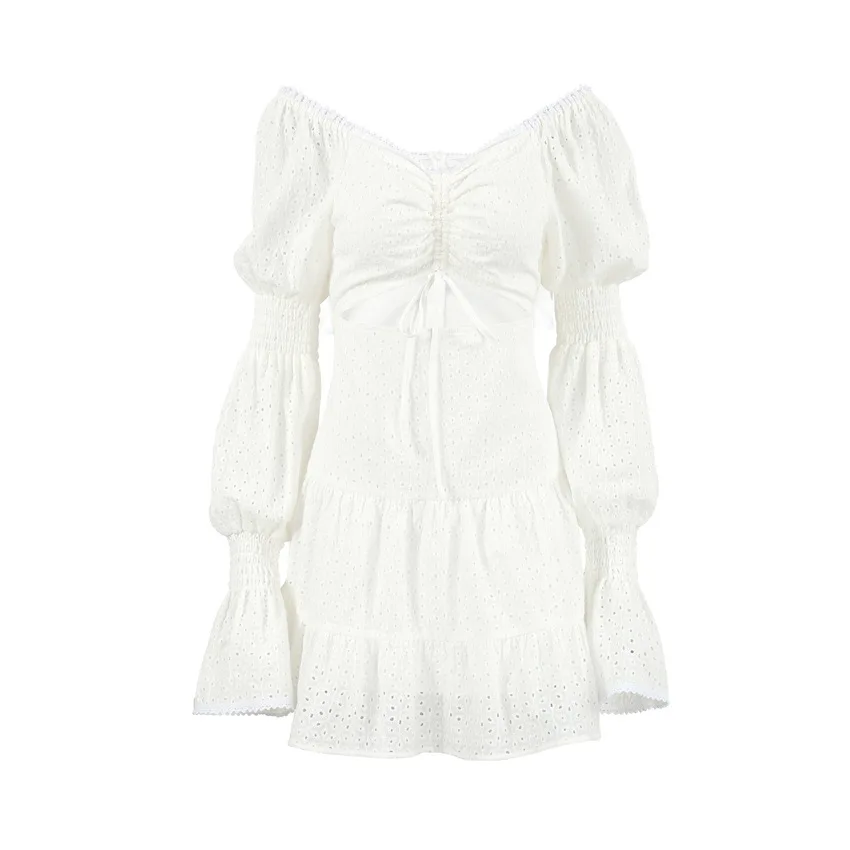 2024 Mini Dress tiered Woven Cut Out Crochet V-neck White Long Sleeve Eyelet Skater Mini Dress