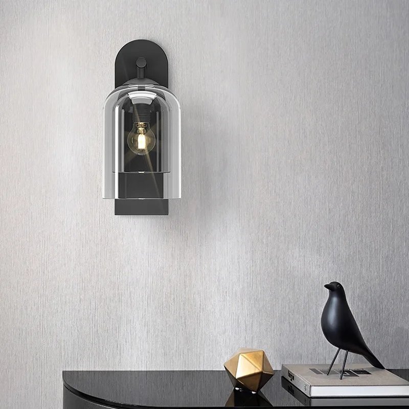 Nordic Simple Creative Bronze Bedroom Bedside Wall Light Aisle Stairs Living Room Amber Glass Wall Lamp
