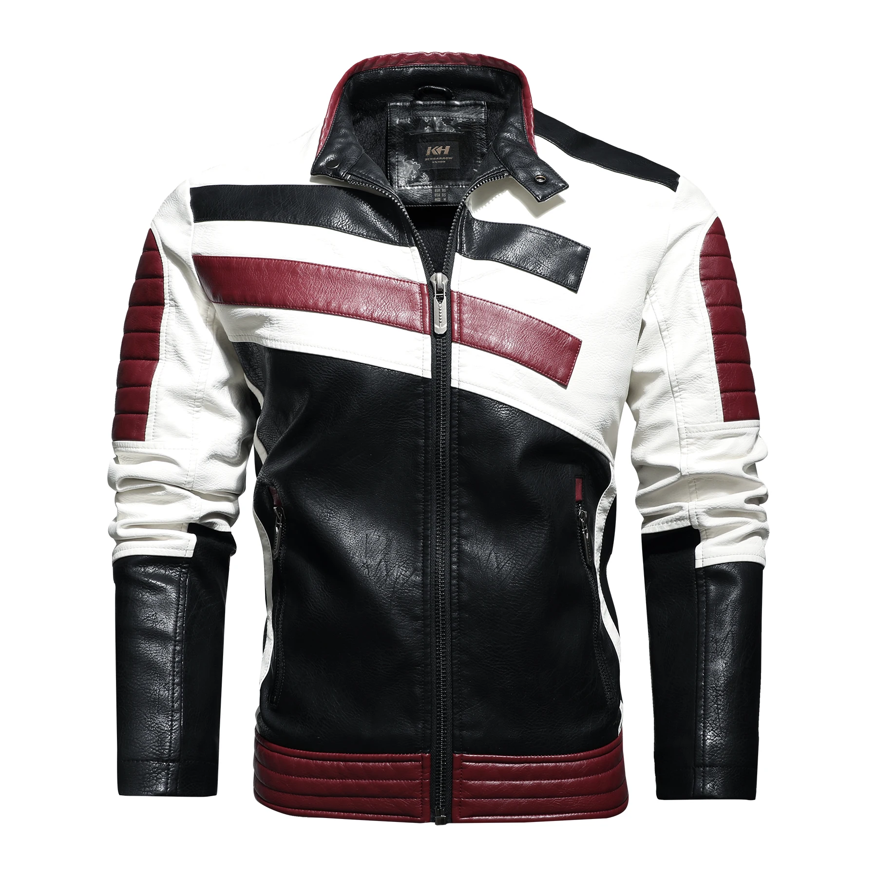 Euro Size Stripes Business Casual Style Stand Collar Fleece Inside Men PU Leather Jacket