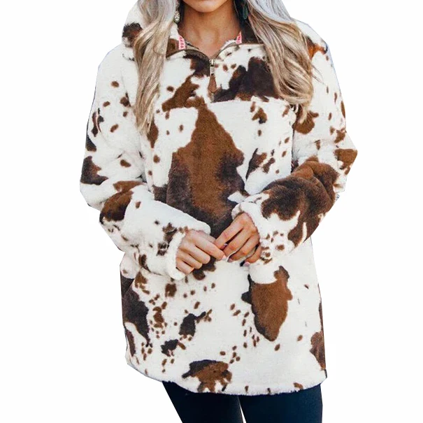Southwest Texas Cowgirl COWHIDE Pattern Casual Plus Size Women Winter Cow Hides Velvet Warm Sweatshirt