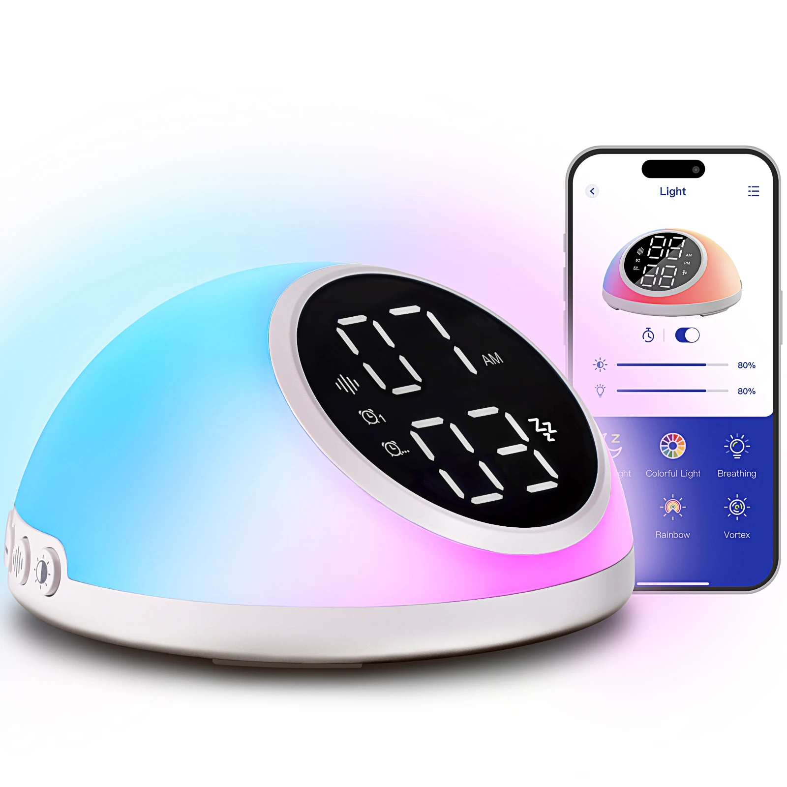 FANSBE Hotel Bedroom Desk Clock App Control White Noise Machine Small Wake Up Light Sunrise Smart Digital Alarm Clock