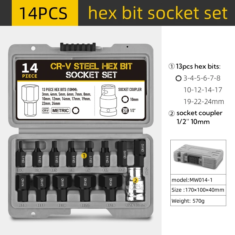 Manufacturer Professional 1/2'  14pcs Hex Bit Socket Set CR-V Metric Standard Plastic Storage Box Maintenance Hand Tools