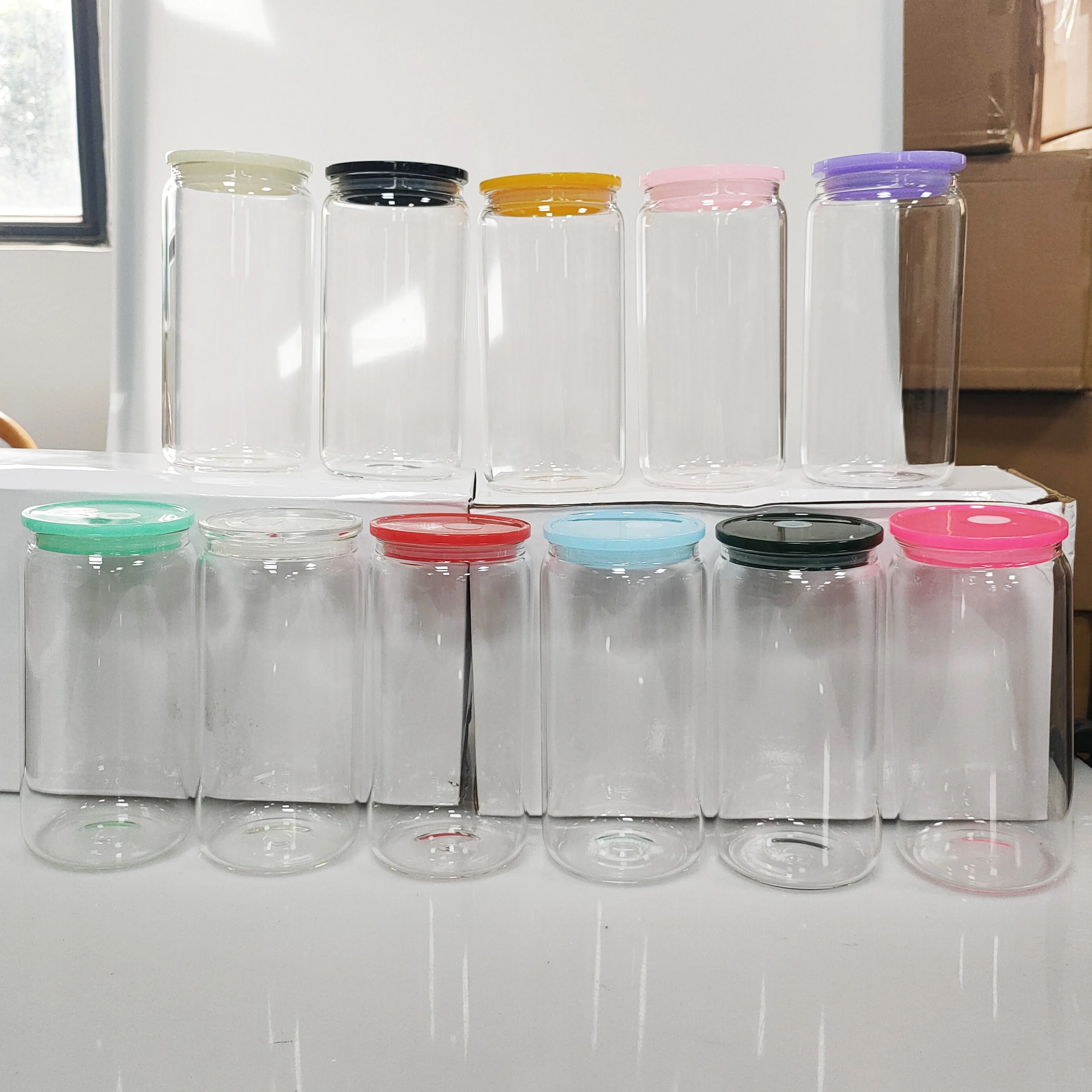 wholesale 16oz colored jelly libbey glass beer can home bar water drinking glass cups tumbler with plastic lid and straw for