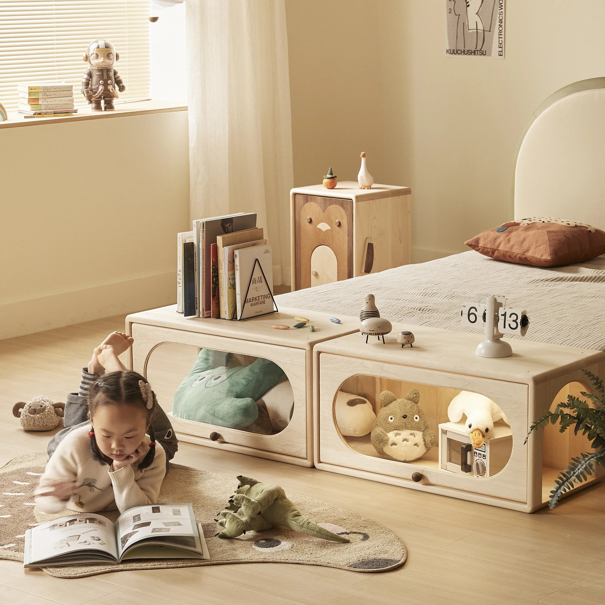 OKTOTA multifunctional display cabinet show case with glass design solid wood showcases for living room