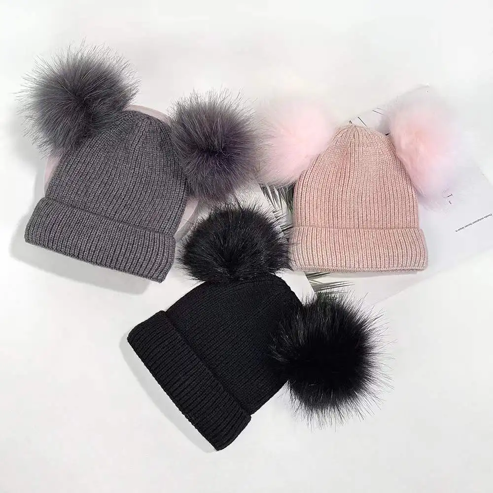 Cute Baby Beanie Kids Winter Fur Pompom Hat Organic Cotton Knitted Toddler Double Pom Beanie Cap for Girls Boys