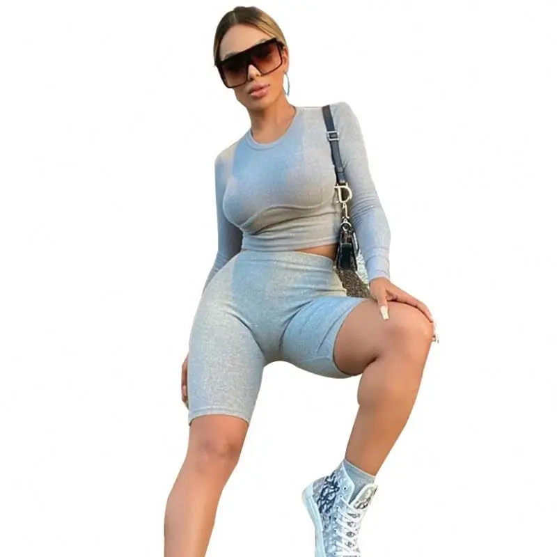 
Black Gray Long Sleeve T-shirt Leggings Suit Female Clothing Fashion Two Piece Biker Short Set Yoga Workout B343 