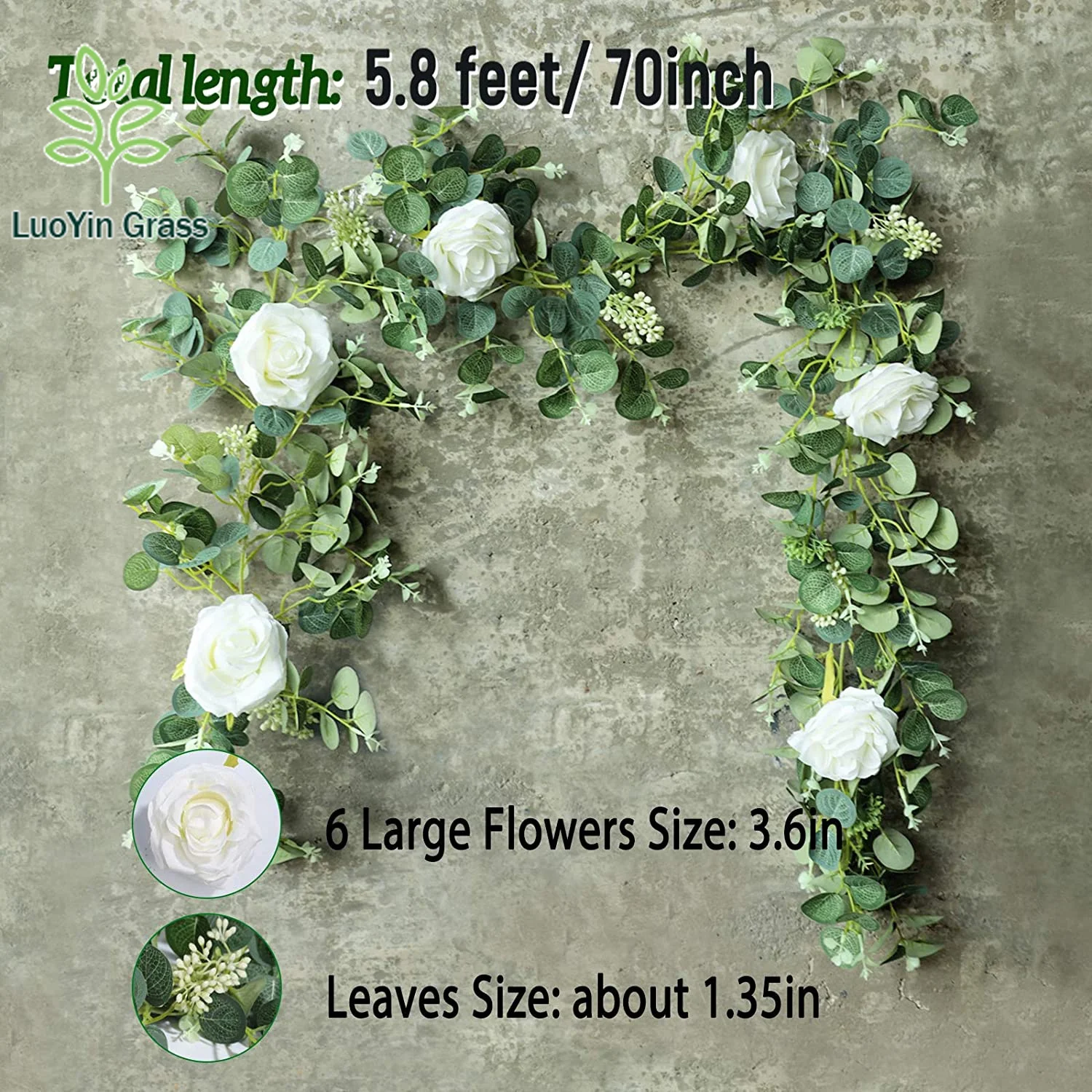 Eucalyptus Garland with White Ross 6Ft Artificial Vines Faux Silk Greenery Eucalyptus Leaves for Wedding Backdrop Decor