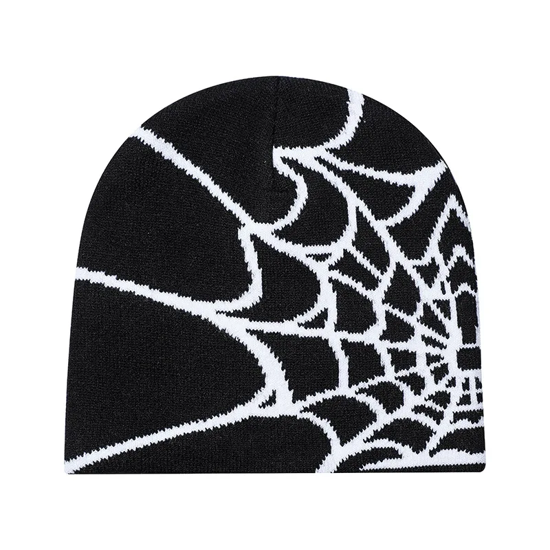 Good Sale Low MOQ Spider Web Pattern Beanie Caps Fashion Warm Knitted Winter Hat Custom Logo Jacquard Cuffless Beanie Hats