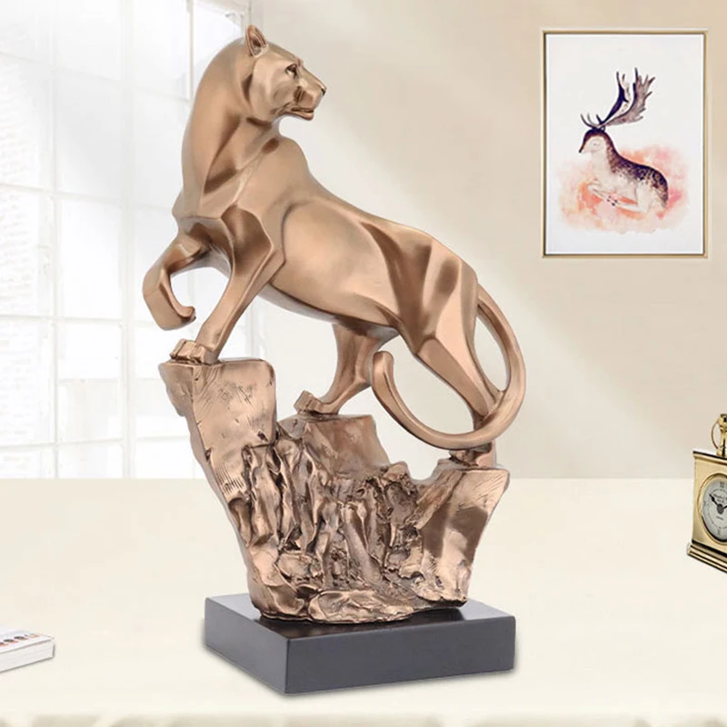 Modern Abstract Gold Panther Sculpture Geometric Resin Tiger Leopard Statue Wildlife Home Decor Gift Craft Ornament Accessories