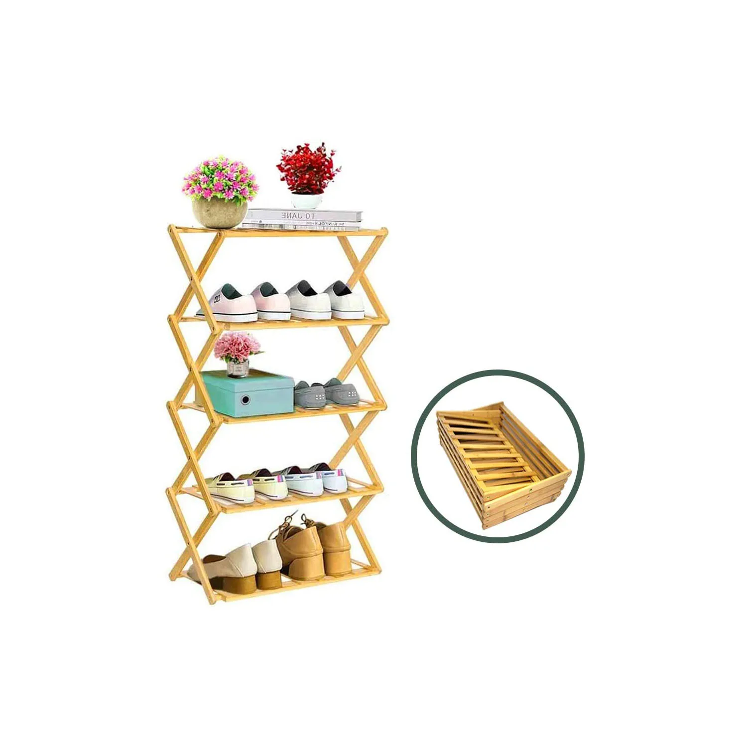 Wholesale Custom Modern Bamboo Wooden Foldable Portable 3 Tier Multifunctional Organizer adjustable Folding Shoe Rack