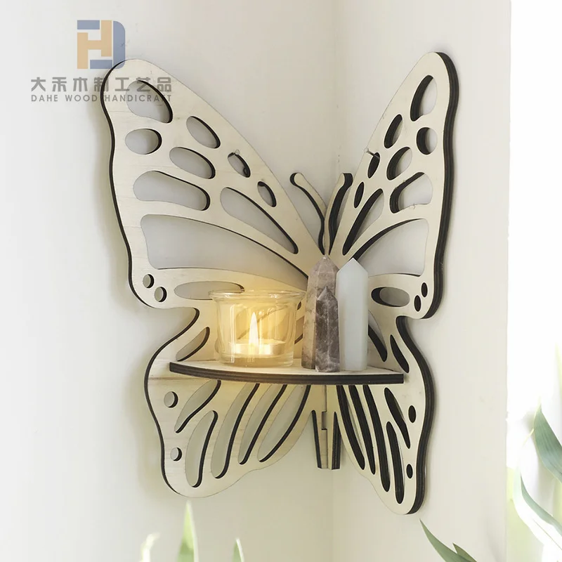 Rustic Crystal Wood Floating Shelf Wooden Butterfly Lotus Flower Shelves for Farmhouse Wall Decoration Meditation Spiritual Gift