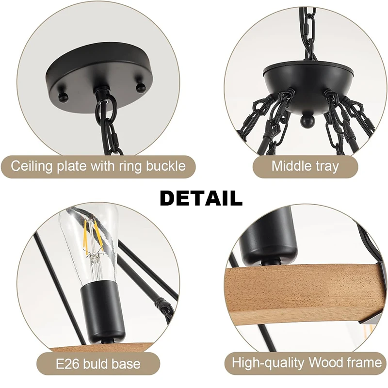 12 Lights Wood Wagon Wheel Chandelier Farmhouse Rustic Black Metal Ceiling Hanging Light Vintage for Living Dining Room
