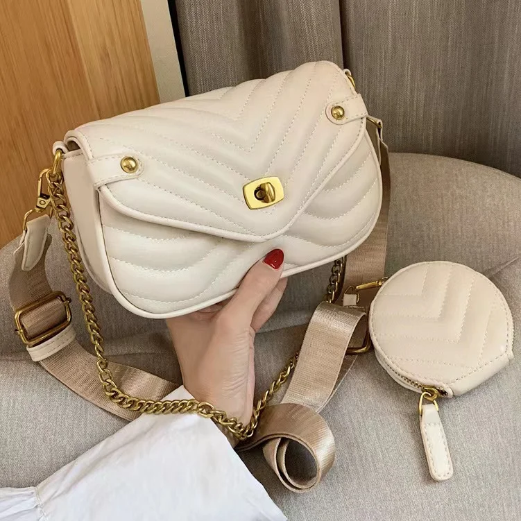 Summer new embroidery thread PU leather chain female bag two-piece set women`s shoulder bag ladies handbag women`s crossbody bag