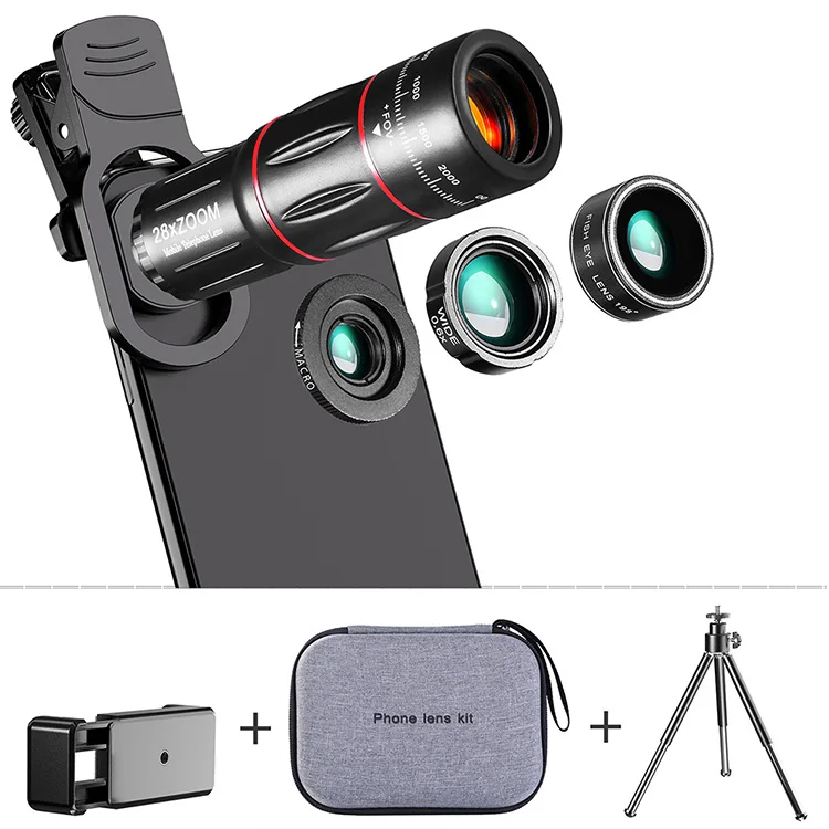 4In1 198Degrees Fisheye Mobile Lenses 28X Telephoto Camera Zoom Lens
