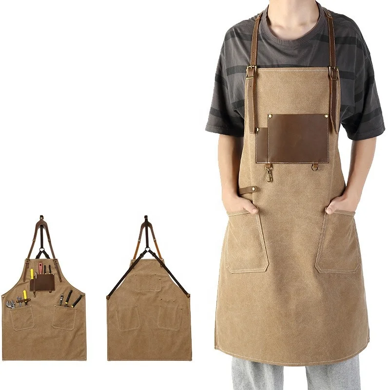 Custom Vintage 16oz waxed canvas leather waterproof kitchen apron canvas tool apron 68*80 cm