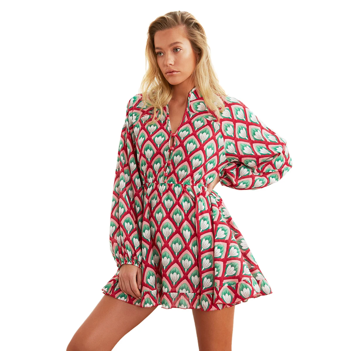 2022 Cross-border Spring Long Sleeve Fashion Dresses V-neck Floral Print Dress