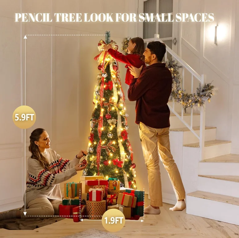 Retractable LED Christmas Tree 4ft-6ft Remote Control Folding Christmas Tree With Bow Ribbon For Christmas Decoration