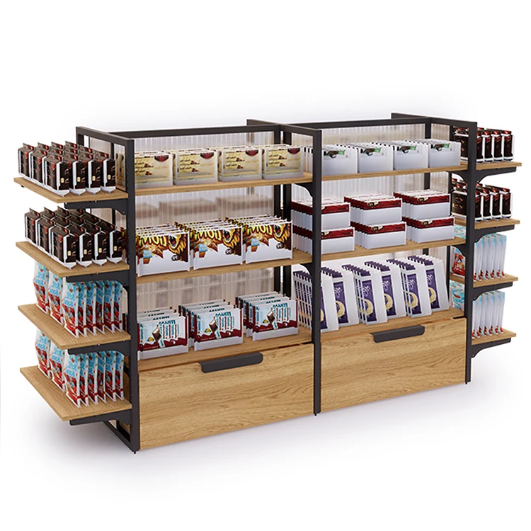 Customized Steel Double Side/Single Side Display Supermarket Convenience Store design wood shop shelves