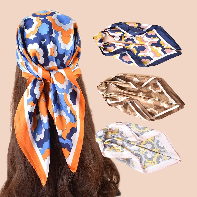QL Silk Square Scarf Women Satin Shawl Wrap Hijab Female Hair Band Wrist Luxury Head kerchief flower 70*70cm Echarpe Bandana