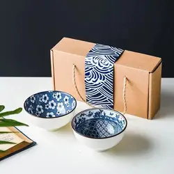 4.5inch Natural Healty Japanese Ceramic Bowl Gift Set Blue and White Porcelain Bowl