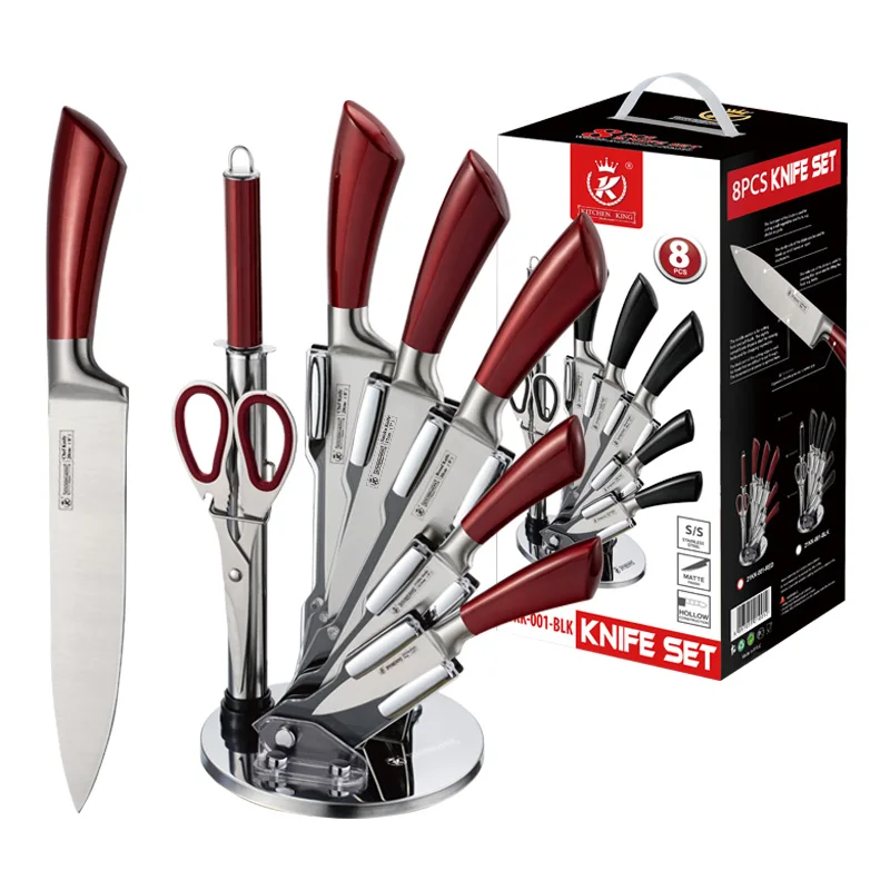 
Kitchen King vintage 9 pcs kitchen knife set red coated handle chef knives Santoku for home Hotel kitchen with rotating stand 