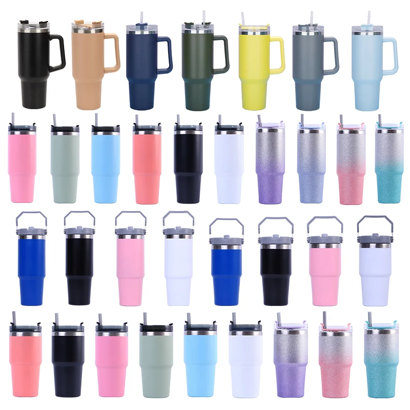 wholesale bulk Laser engrave multiple colors thermos 40oz powder coated copper Coffee Mug tumbler with Handle and straw