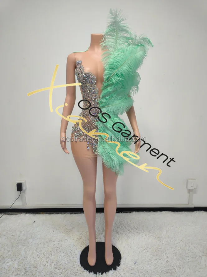 Ocstrade Summer Rhinestone Long Ostrich Feather Bridesmaid Dresses Mint Green Glitter Club Party Dress Performance Wear Ballroom