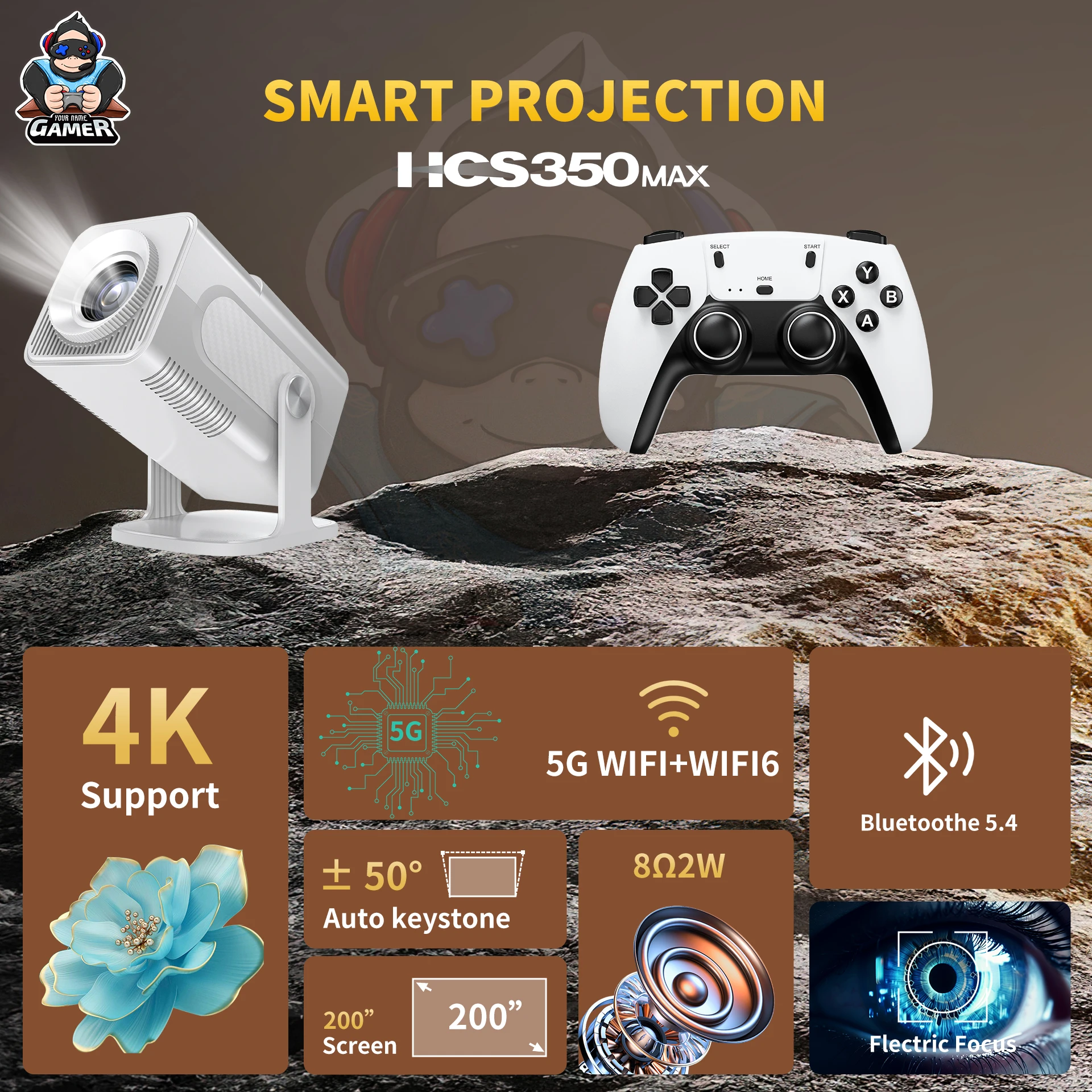 Latest HCS350 max Gaming Projector AllwinnerH713 3D 4k HD Android 11 High lumen wireless Smart projector with wireless gamepad