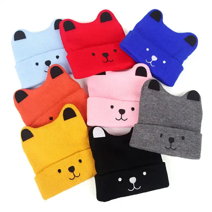 Wholesale Winter Funny Children Baby Hats Embroidery Cat Ears Beanie Knitted Kids Hat