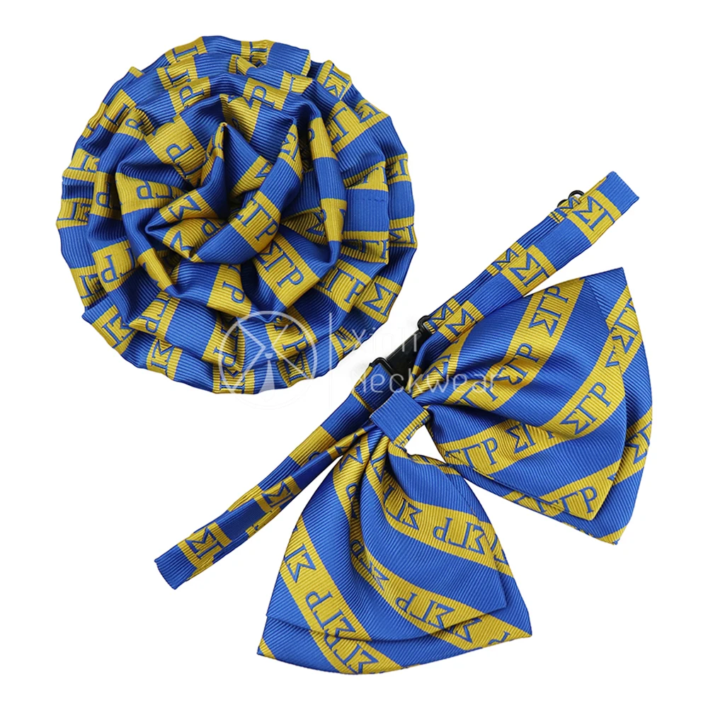 Горячая распродажа! Sigma гамма-Ро-студентки галстук-бабочка, Мужская Брошь с цветком комплект Королевский Синий Золотой Полосатый полиэстер женская обувь, украшенная бантиком подарочные наборы