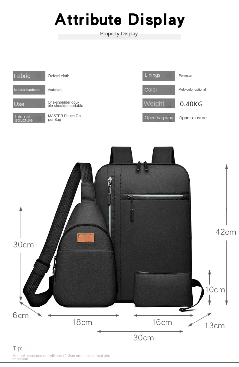 Wholesale 3 in 1 Unisex Softback Waterproof Oxford Laptop Backpack Set High School USB Port Knapsack with Zipper Closure