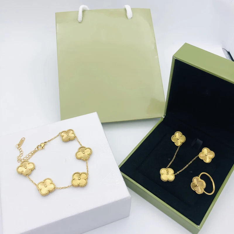 Suyan Jewelry Made In China Ladies Clover Jewelry Set earring ring bracelet Stainless Steel 18K Gold Women Necklace