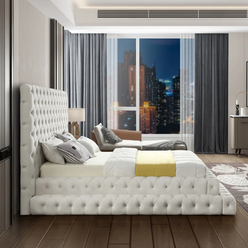 American Style Bedroom Upholstered Tufted Modern Platform Soft King Queen Size Bed Frames