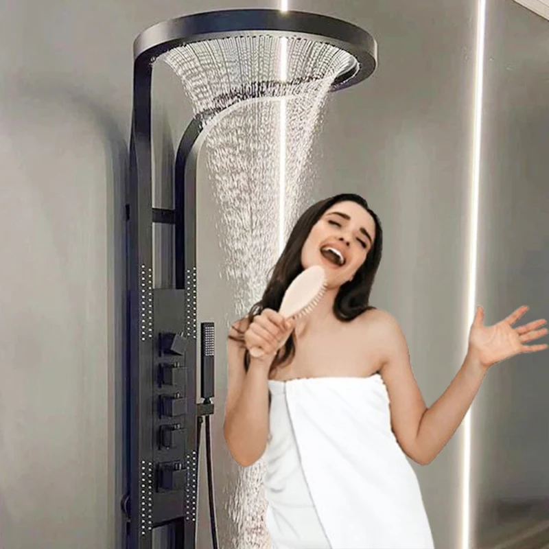 Rainfall Waterfall Black Digital Thermostatic Shower Set Bathroom Brass Mixer Hot Cold Faucet Soft Jet Spray Villas Apartments
