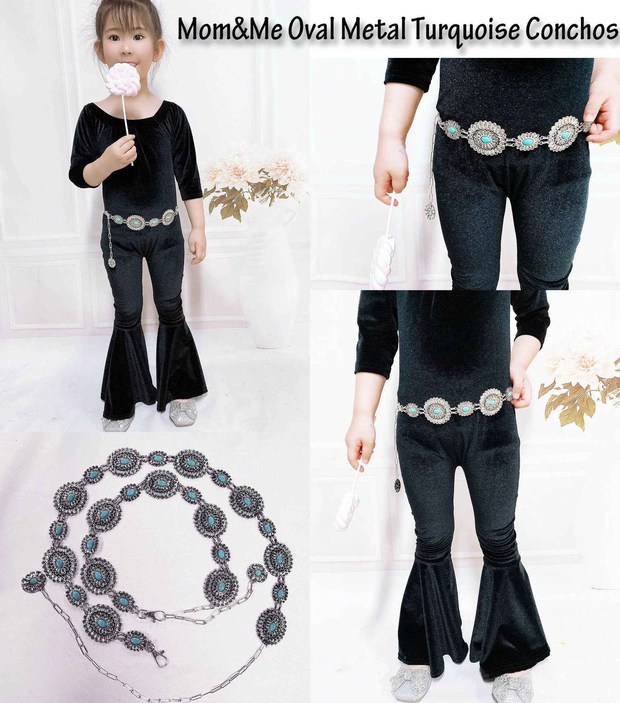 Accept Customized Kids Baby Girls Solid Oval Metal Turquoise Concho Belt Fashionable Western Accessories for Kids