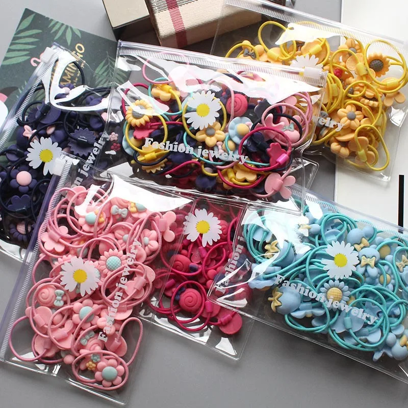 Hot Selling 20 Pack Custom logo High-quality Elastic Nylon Hair Bands Colorful Flower Hair Ties Rubber Band For Girls Kids