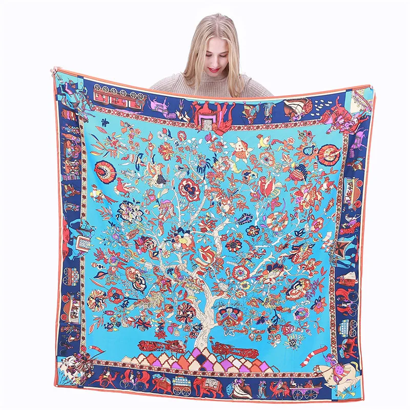 Wholesale 2020 hot sale large square female foulard 130*130cm luxury brand printed women twill silk square scarf shawl