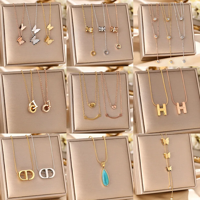 High Quality 18K Gold Plated Stainless Steel Cross Pendant Necklace Women Vintage Pearl Butterfly Heart Necklace Jewelry Gifts