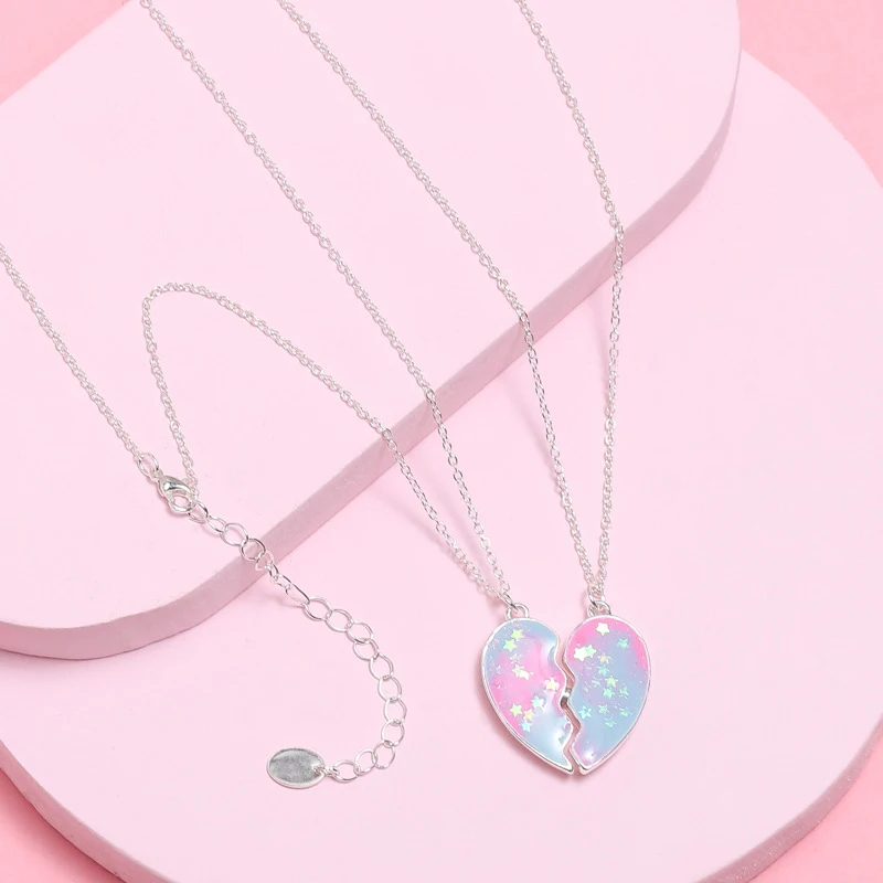 Fashion Handmade BFF Jewelry Enamel Broken Heart Pentagram Sequins Kids Pendants Chain Necklace