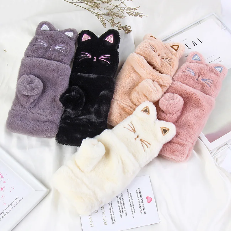 JSFUR  Women Girls Soft Faux Fur Convertible Flip Top Gloves Cute Cat Fingerless Winter Mittens