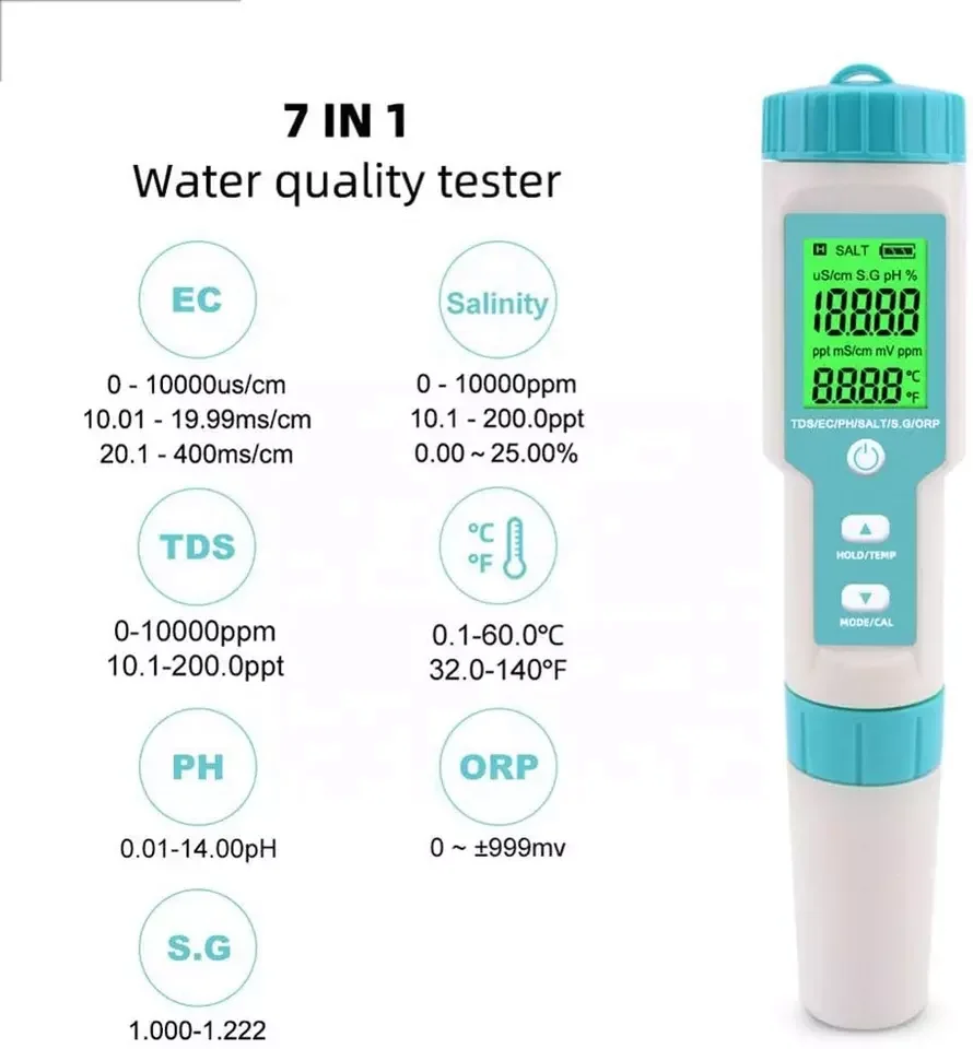 High quality digital water quality pH tester 7 in 1PH tester