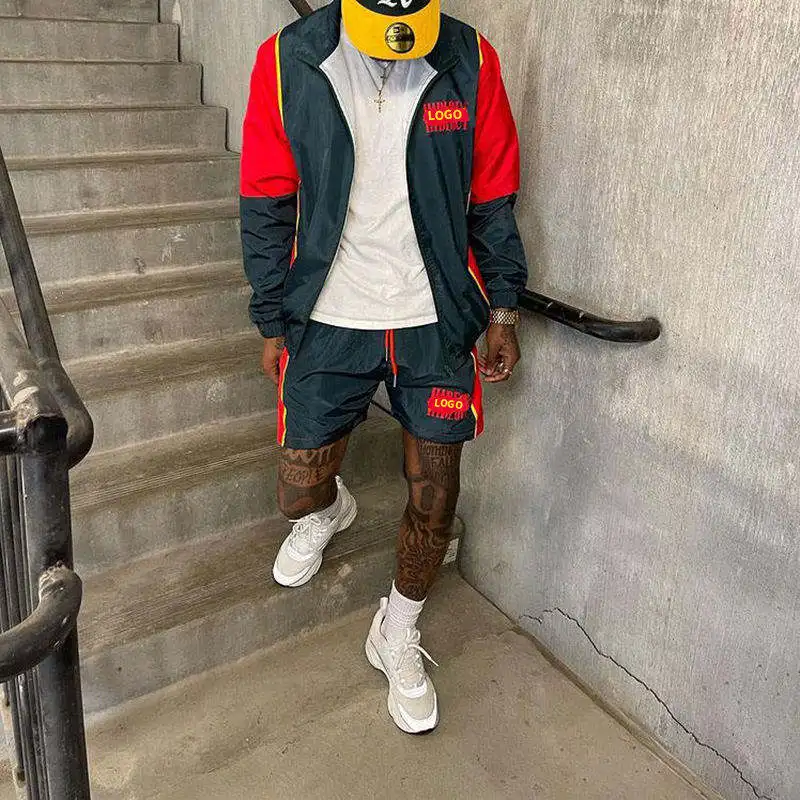 Custom colorblock short set nylon polyester windbreaker men 2 piece wind breaker Streetwear summer tracksuit shorts set for men