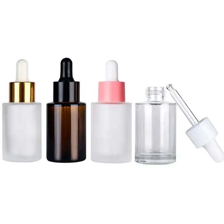 Fancy Beauty 20ml 30ml 50ml 60ml 80ml 100ml flat shoulder essential oil serum frosted clear glass dropper bottle with pipette