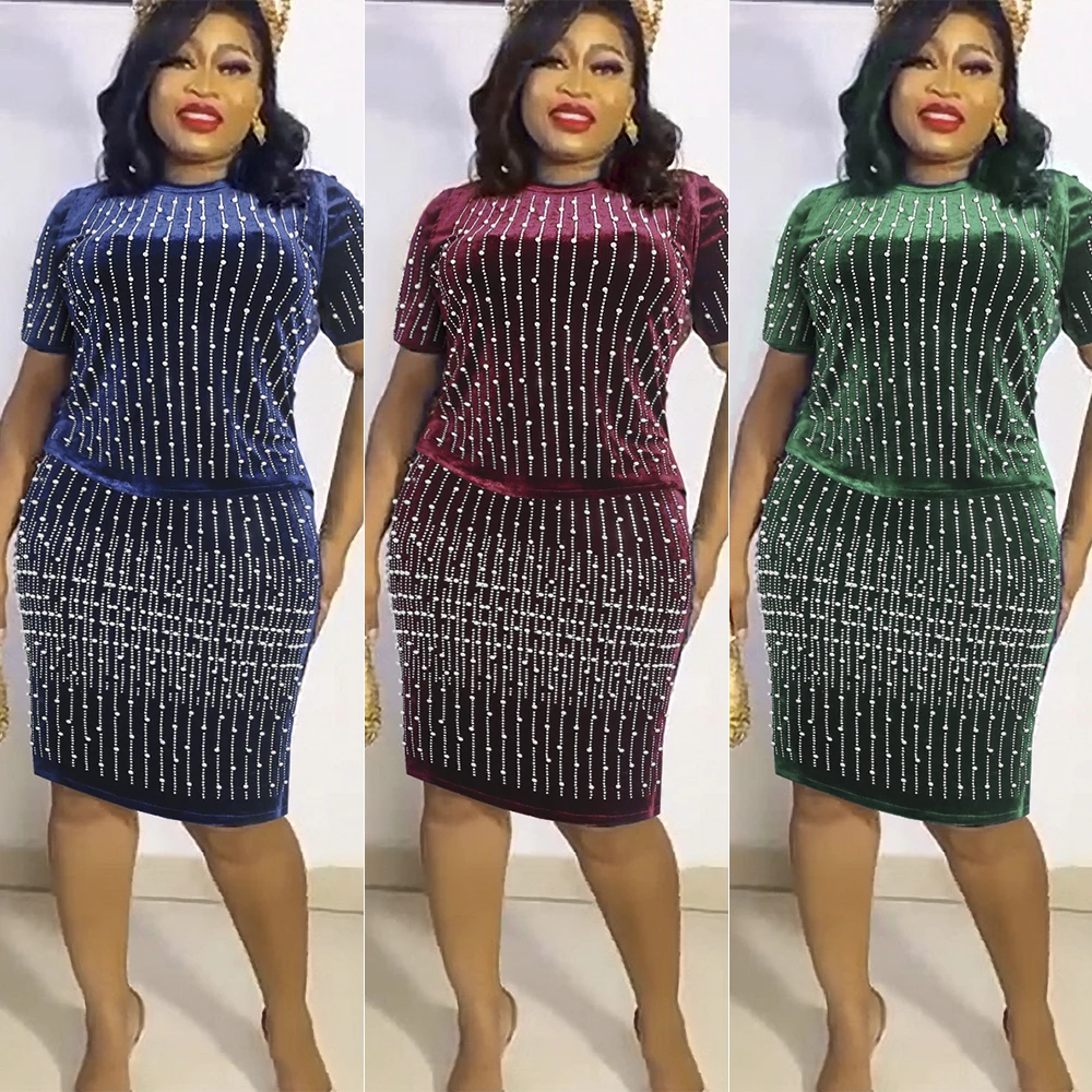 H & D African Red Velvet Dresses Two Piece African Dress Maxi Dress with Beading 2022 New