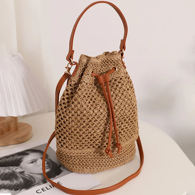 HZONOTHEM Simple Fashion Handbag Tote Bag Straw Beautiful Crossbody Bucket Woven Straw Bag Beach